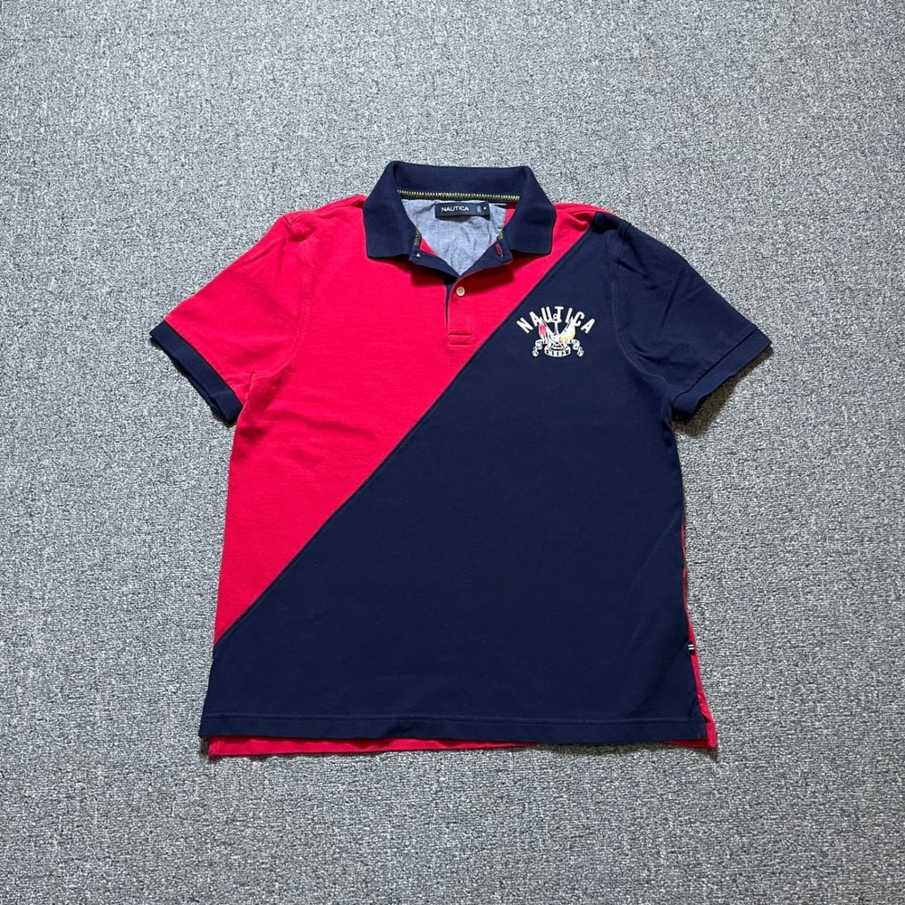 Nautica Polo Shirt Medium Red Blue Colorblock Diagonal Crest Short Sleeve